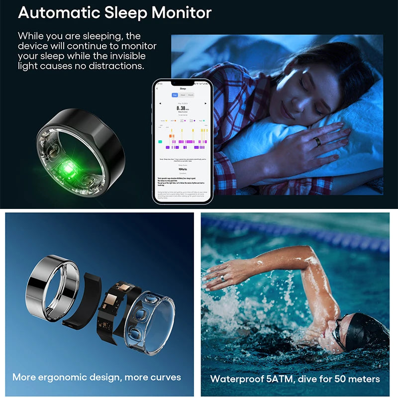 Smart Ring with Built-in Monitor for Blood Pressure, Heart Rate, Fitness & Sleep Tracking