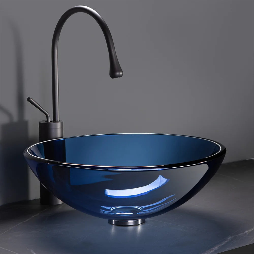 Blue Round Tempered Glass Sink for Bathroom