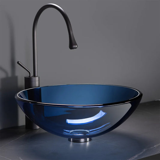 Blue Round Tempered Glass Sink for Bathroom