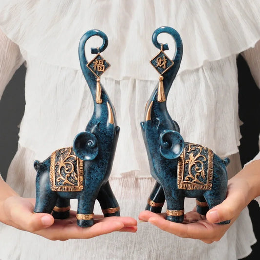 Chinese Style Lucky Wealth Elephant Trunk Figurine Home Decor Resin Statue Craft Gift