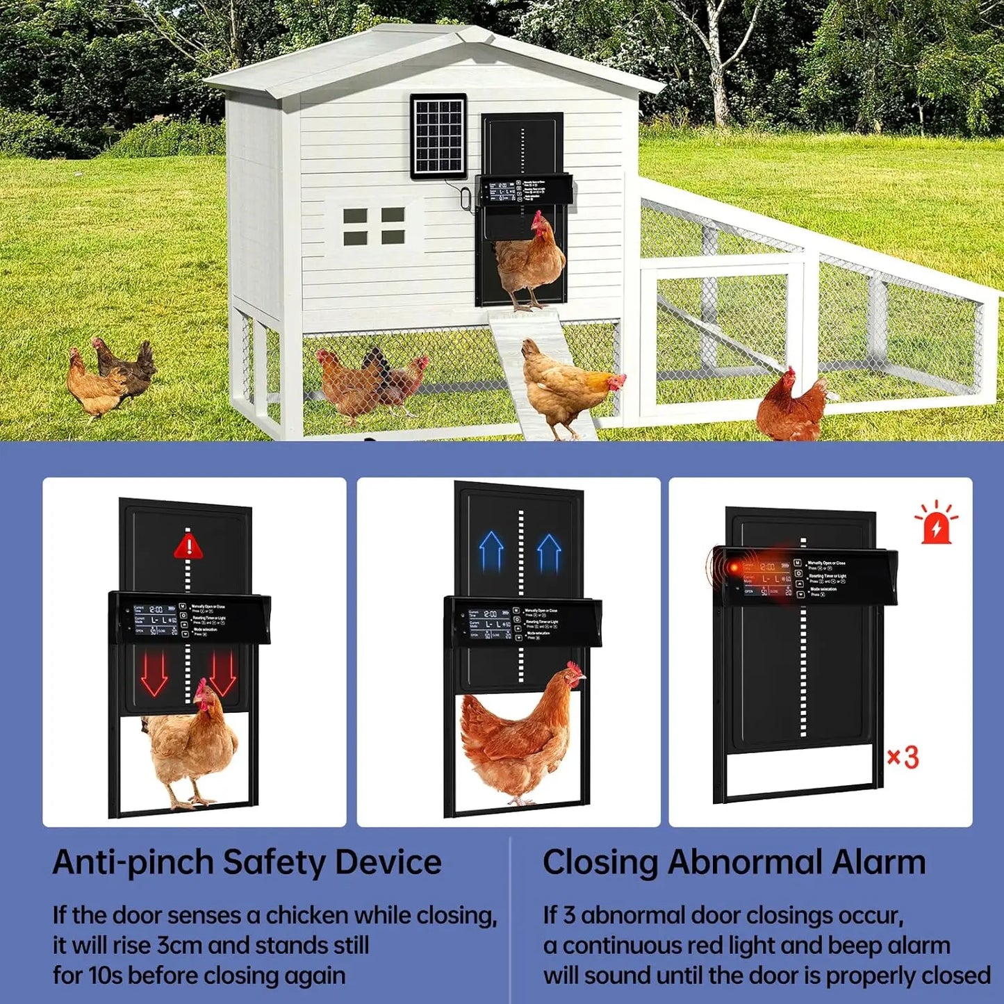 Solar Chicken Coop Door, Automatic Chicken Door Solar Powered & USB Charging, Auto Chicken Door 4 Modes with Timer & Light Sensor