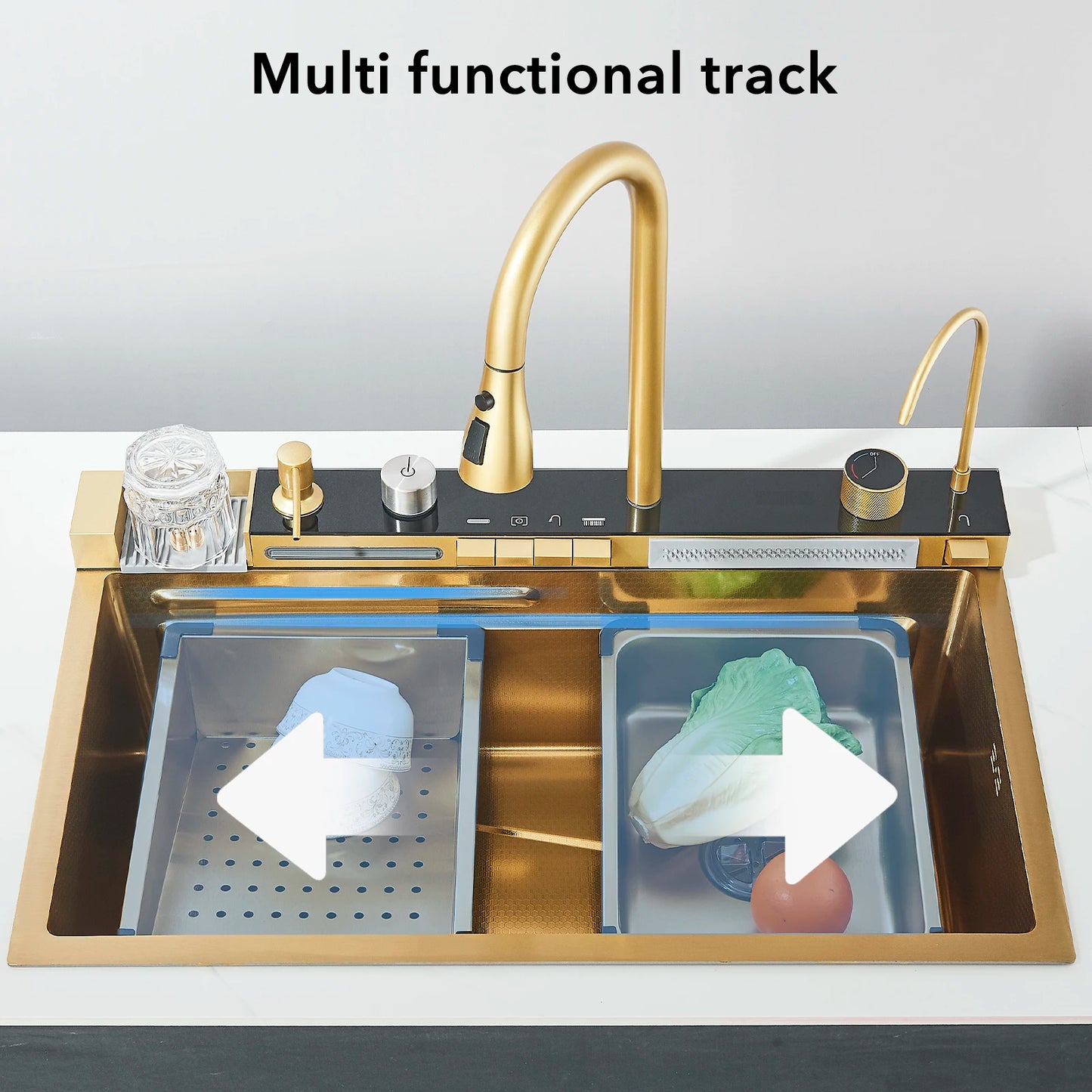 Golden Smart Digital Display Integrated Kitchen Sink Set Temperature Control Waterfall Water Purifier Soap Dispenser Cup Washer