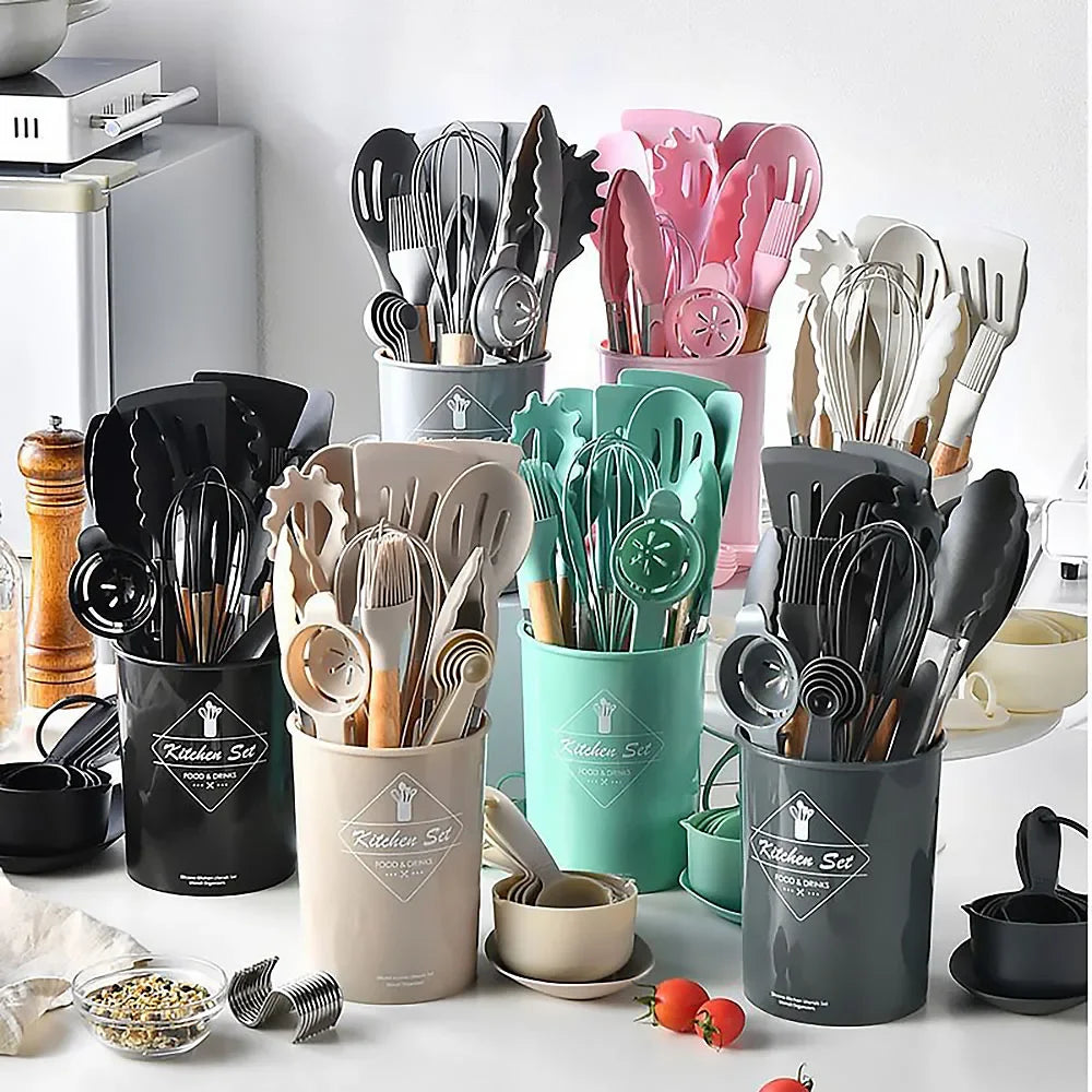 34Pcs Silicone Utensils Set with Wooden Handles