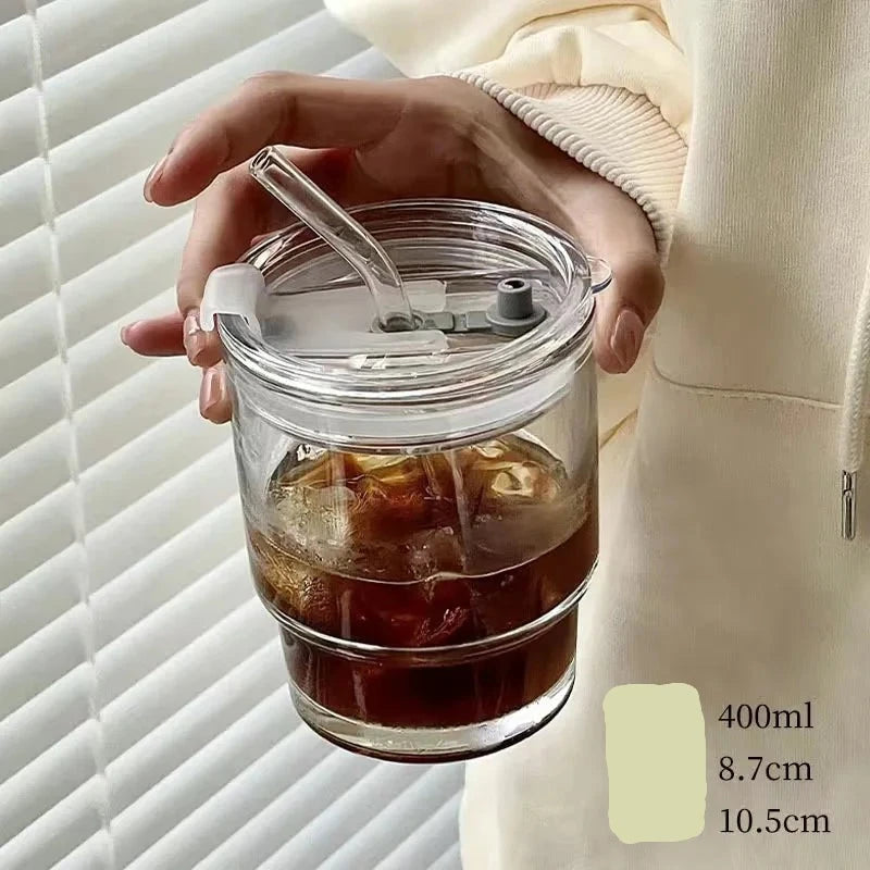 Transparent 400/450ml glass coffee cup / mug with lid and straw