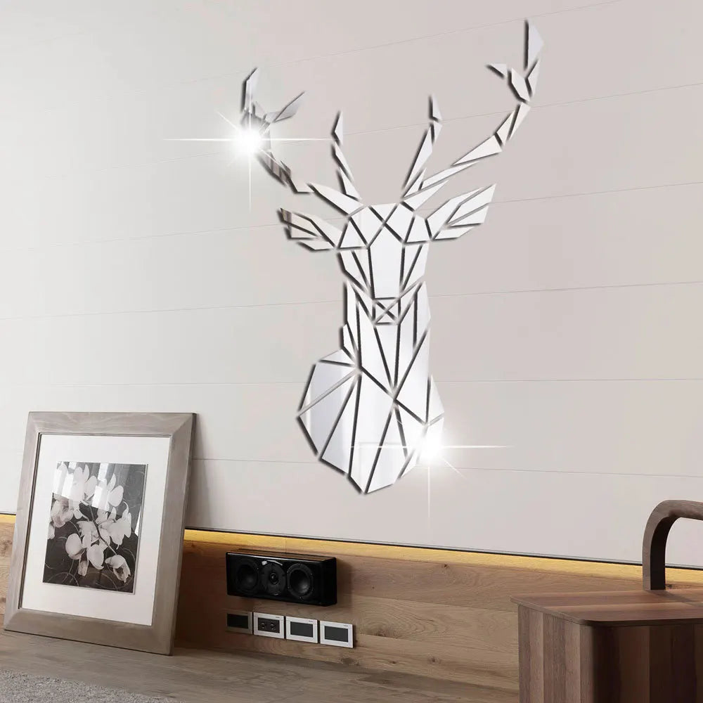 3D Deer Head Mirror Wall Sticker - Whimsical Home Decor