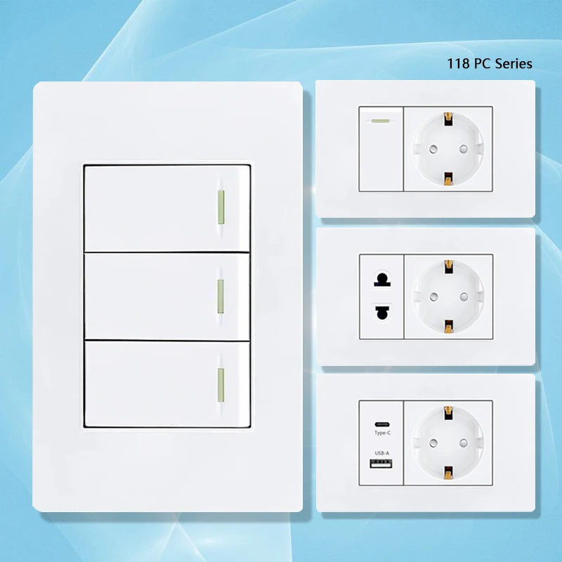 EU Korea Power Plug with 16A Usb Wall Socket,Electric 2Way Light Switch Panel,Universal USB Type-C 20W Fast Charging Outlet 220V