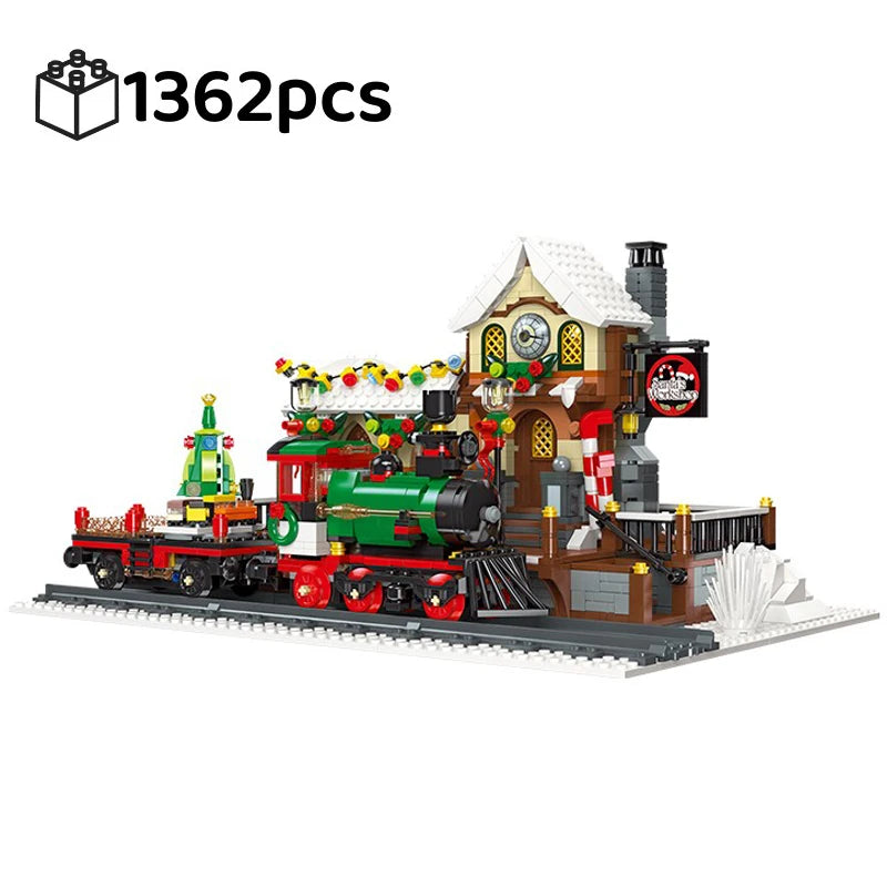 Christmas Train Platform With Light Street View Building Blocks Bricks Winter House Railway Station Model Assembly Toy Kid Gifts