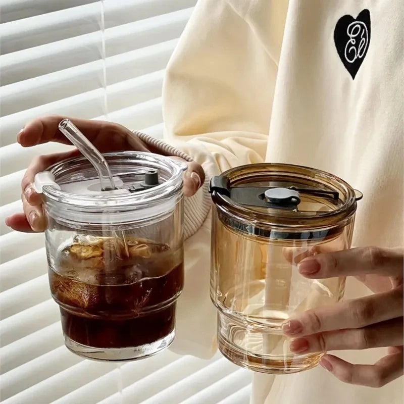 Transparent 400/450ml glass coffee cup / mug with lid and straw