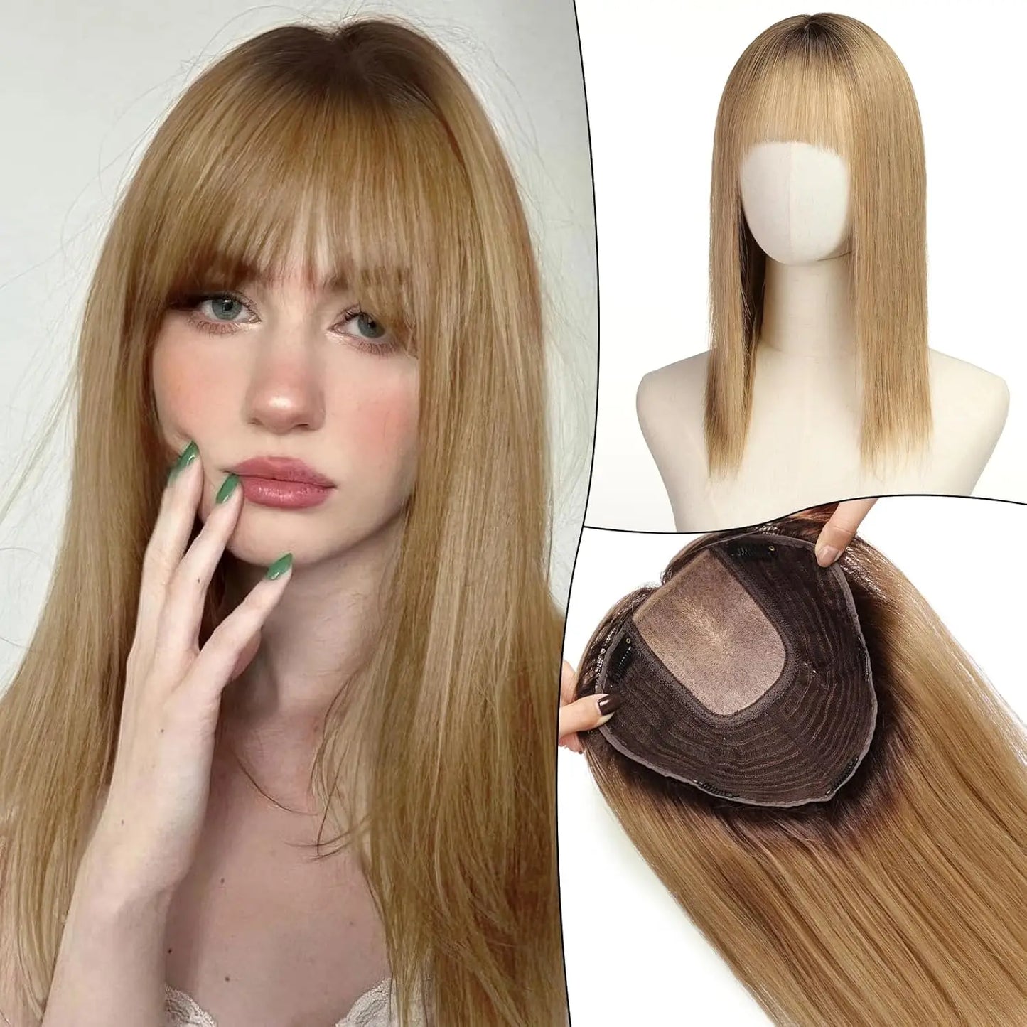 9x9inch Large Base Hair Pieces Dark Brown Human Hair Toppers 16 inch Toppers for Women with Multiple Non-slip Clips