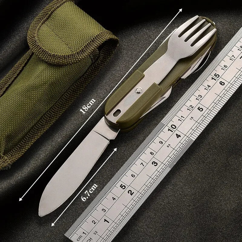 7 In 1 Multifunctional Outdoor Tableware Stainless Steel Foldable Fork, Spoon, & Knife