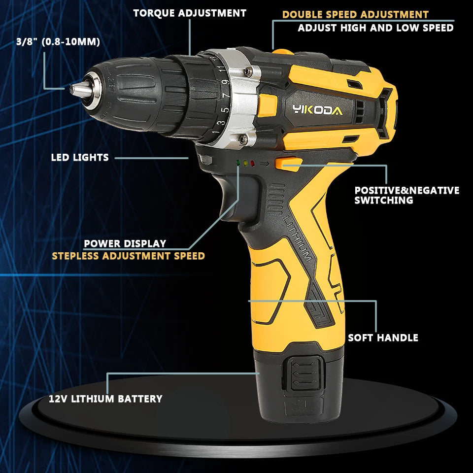 YIKODA 12/16.8/21V Cordless Rechargeable Electric Drill / Screwdriver