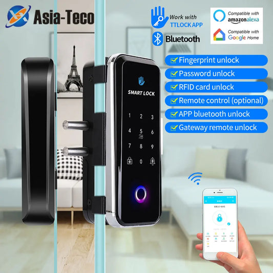 TTLOCK App Smart Bluetooth Fingerprint Lock Wooden Framed Door Frameless Glass Door Lock 13.56 Custom WIFI Gateway Remote Unlock