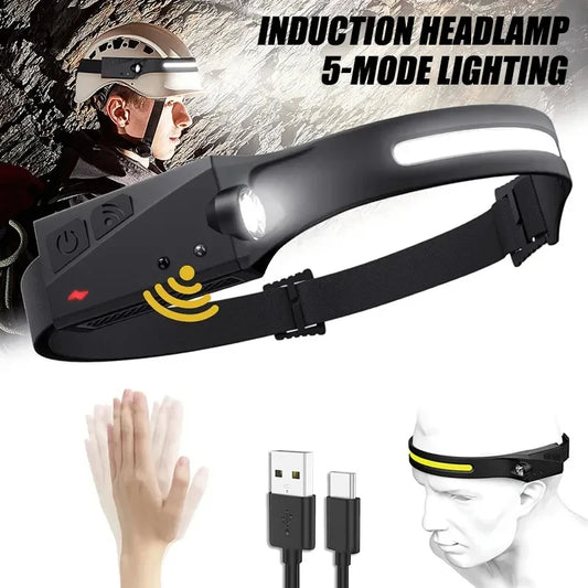 1-5PCS Indication Headlamp USB  Rechargeable 1200MaH Led Head Torch Head Flashlight Outdoor Camping Fishing Headlight Lantern