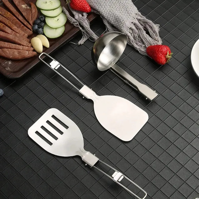 304 Stainless Steel Portable Kitchen Utensils Outdoor Picnic Camping Spatula Spoon Multifunctional Folding Kitchen Utensils