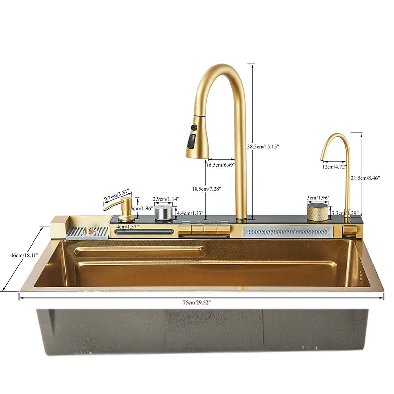 Golden Smart Digital Display Integrated Kitchen Sink Set Temperature Control Waterfall Water Purifier Soap Dispenser Cup Washer