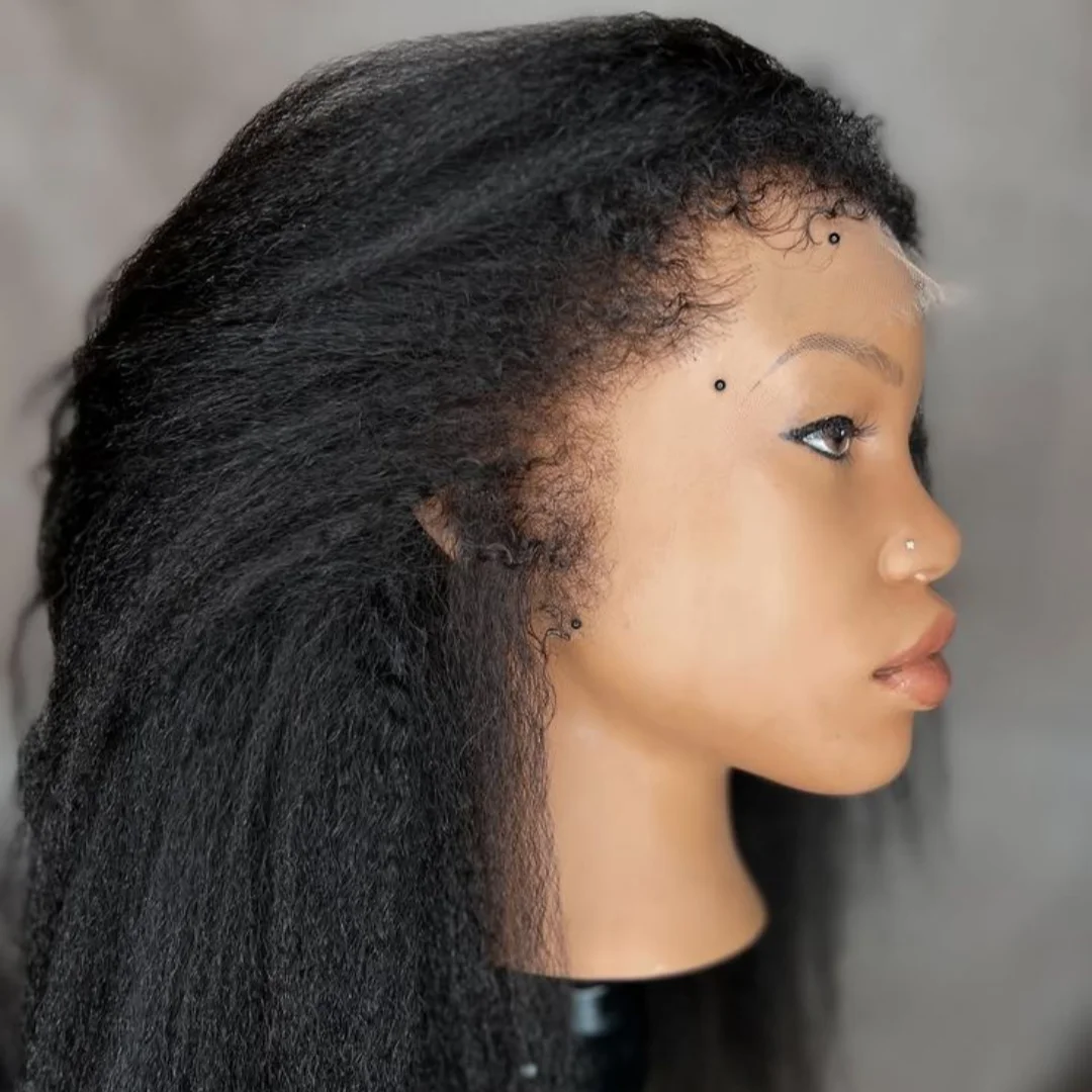 Glueless 180Density Natural Black Kinky Straight Yaki Soft 26 “Long Lace Front Wig For Women BabyHair Preplucked Heat Resistant