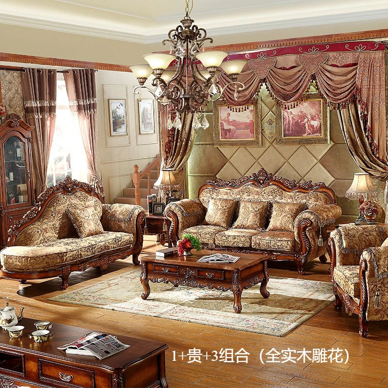 Luxurious living room with ornate furniture and decorative elements.