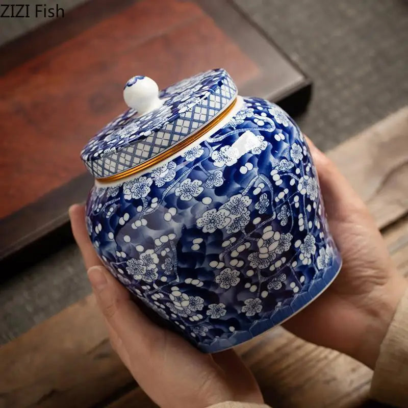 Blue & White Porcelain Tea Canister - Elegant Storage & Desk Décor