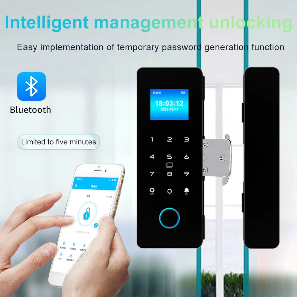 Electronic Digital Lock Fingerprint Glass Door Lock Bluetooth HAHA-Lock App Passcode IC Card Keyless Smart Phone Attendance Lock