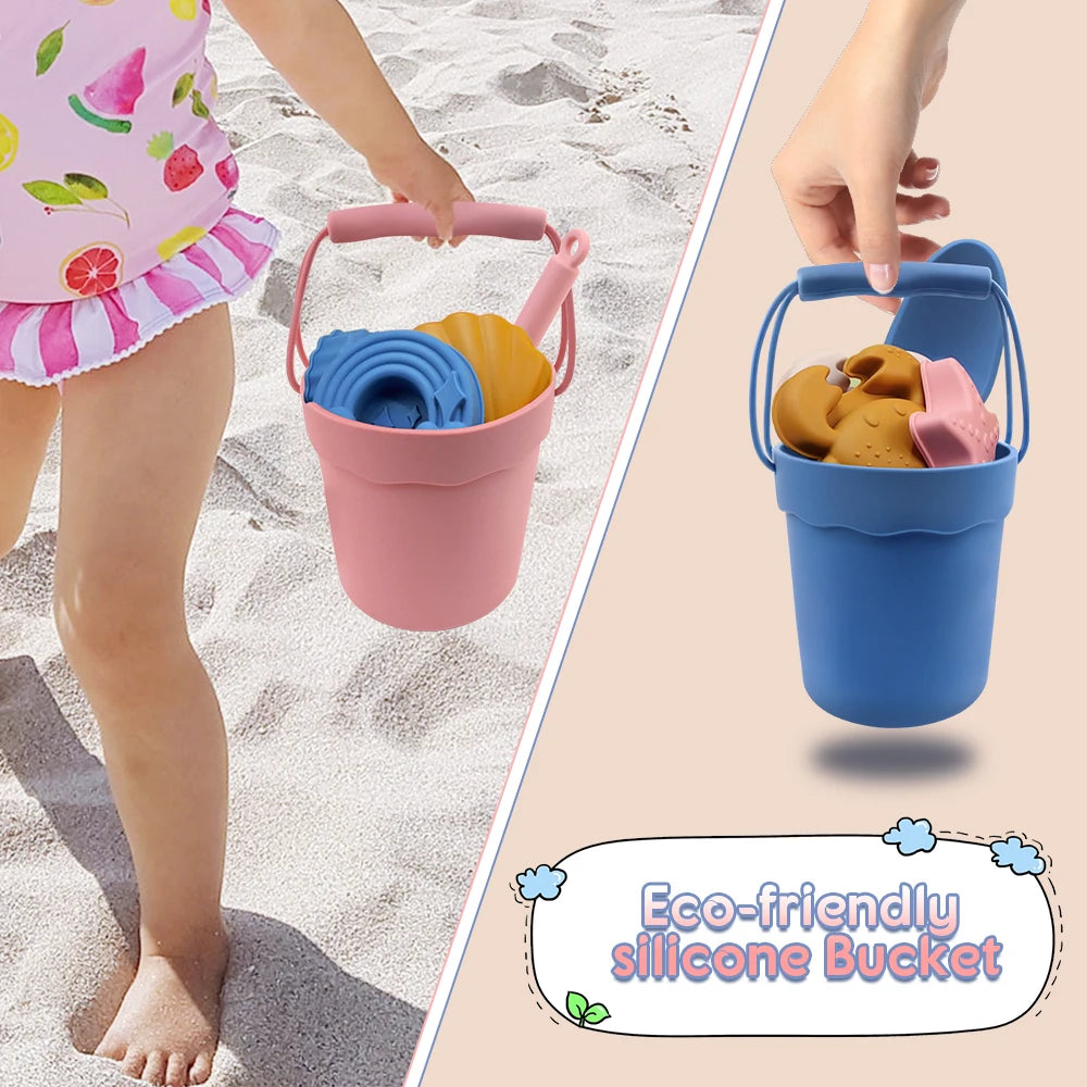 8pcs Food-Grade Silicone - Fun Summer Outdoor Toys for Kids  BPA-Free,  Beach Toys Eco-Friendly,with Bucket & 4 Color Set