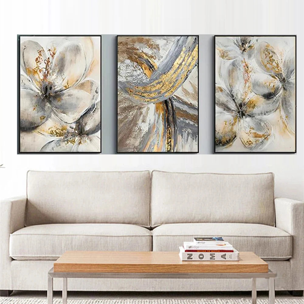 3-Piece Gold Brush Abstract Flower Diamond Painting Set