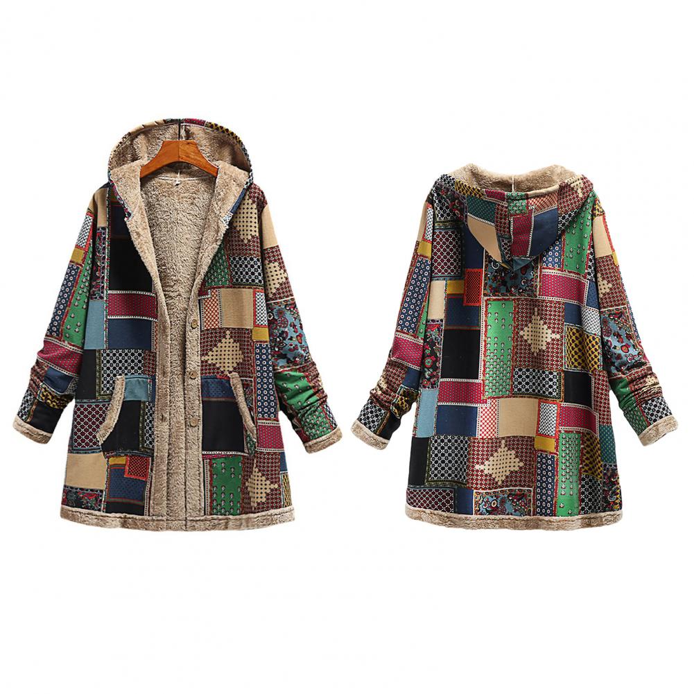 Winter Vintage Women Coat, Warm Ethnic Pattern Print Thick Fleece Hooded Long Coat With Pocket Ladies Outwear Loose Coat For Women