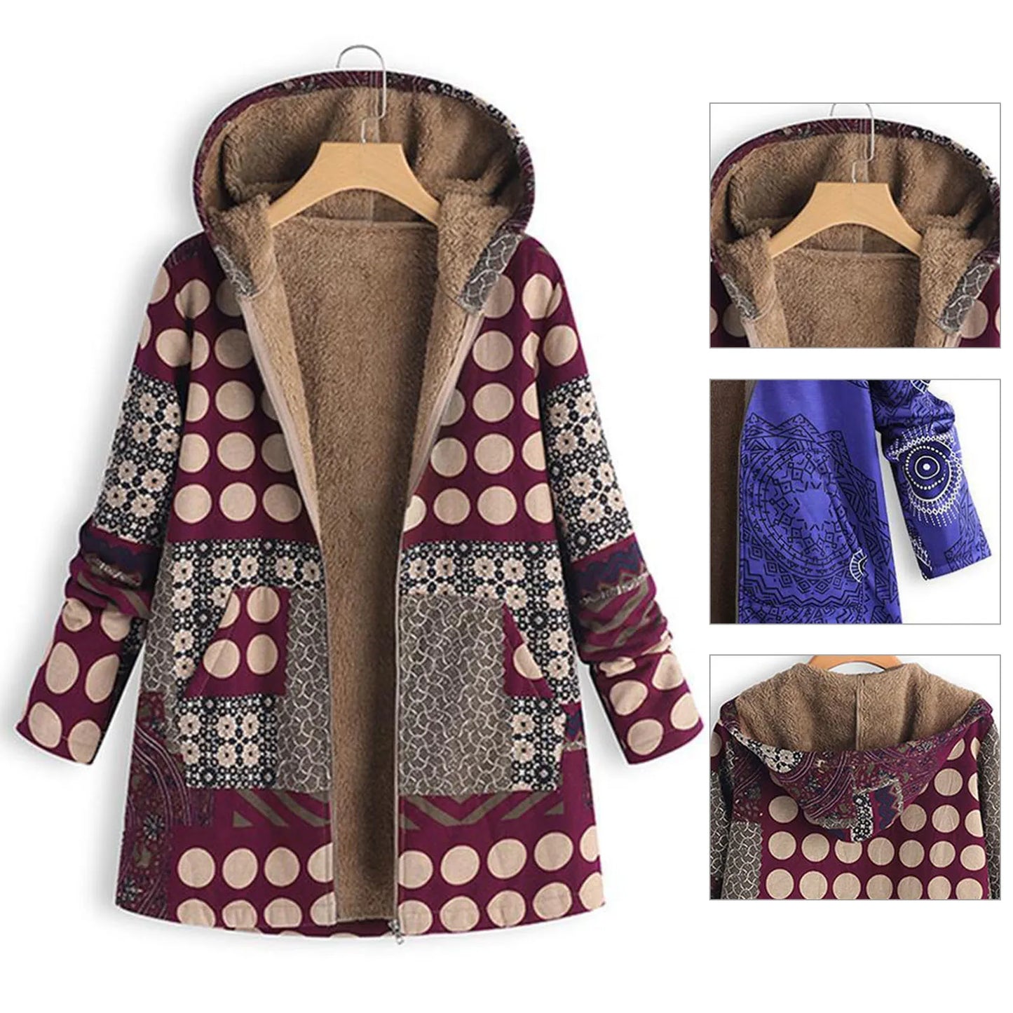 Winter Vintage Women Coat, Warm Ethnic Pattern Print Thick Fleece Hooded Long Coat With Pocket Ladies Outwear Loose Coat For Women