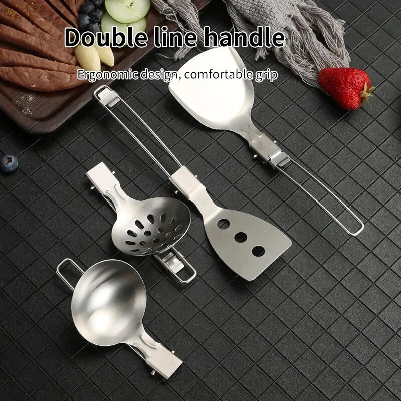 304 Stainless Steel Portable Kitchen Utensils Outdoor Picnic Camping Spatula Spoon Multifunctional Folding Kitchen Utensils