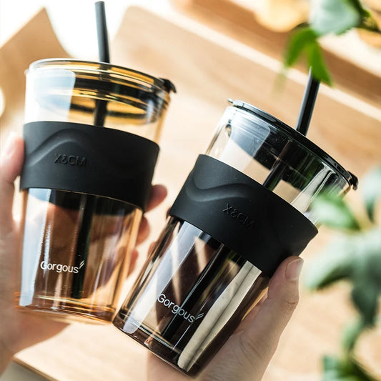 450ml Heat-Resistant Glass Coffee Cup with Silicone Lid & Glass Straw