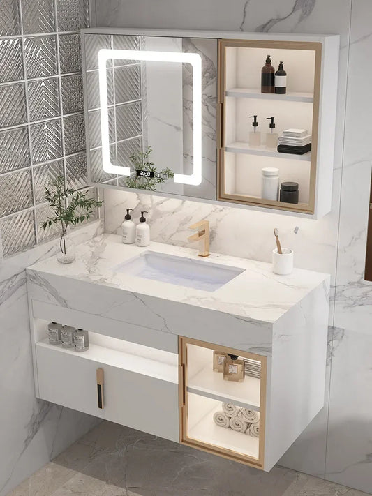 Bathroom Cabinet With Slate Ceramics Sink Combination Solid Wood Intelligent Simple Bathroom Cabinet Sink Washbasin Furniture