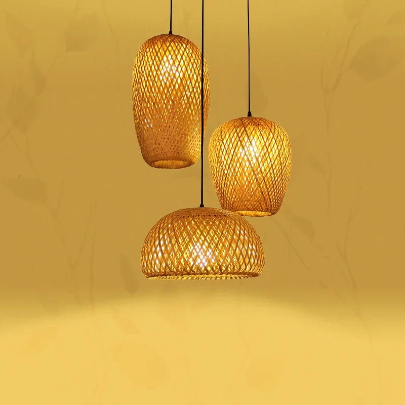 Classic Bamboo Wood Pendant Lamp Set