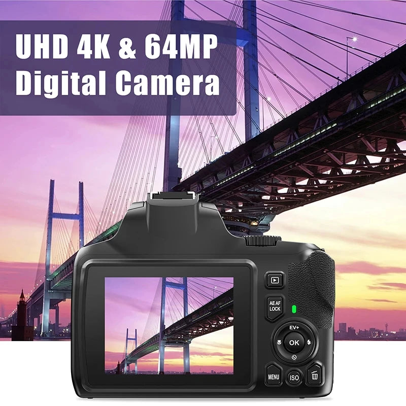 Digital Camera with 64MP sensor, 10X optical zoom &amp; built-in flash for professional photography & video recording