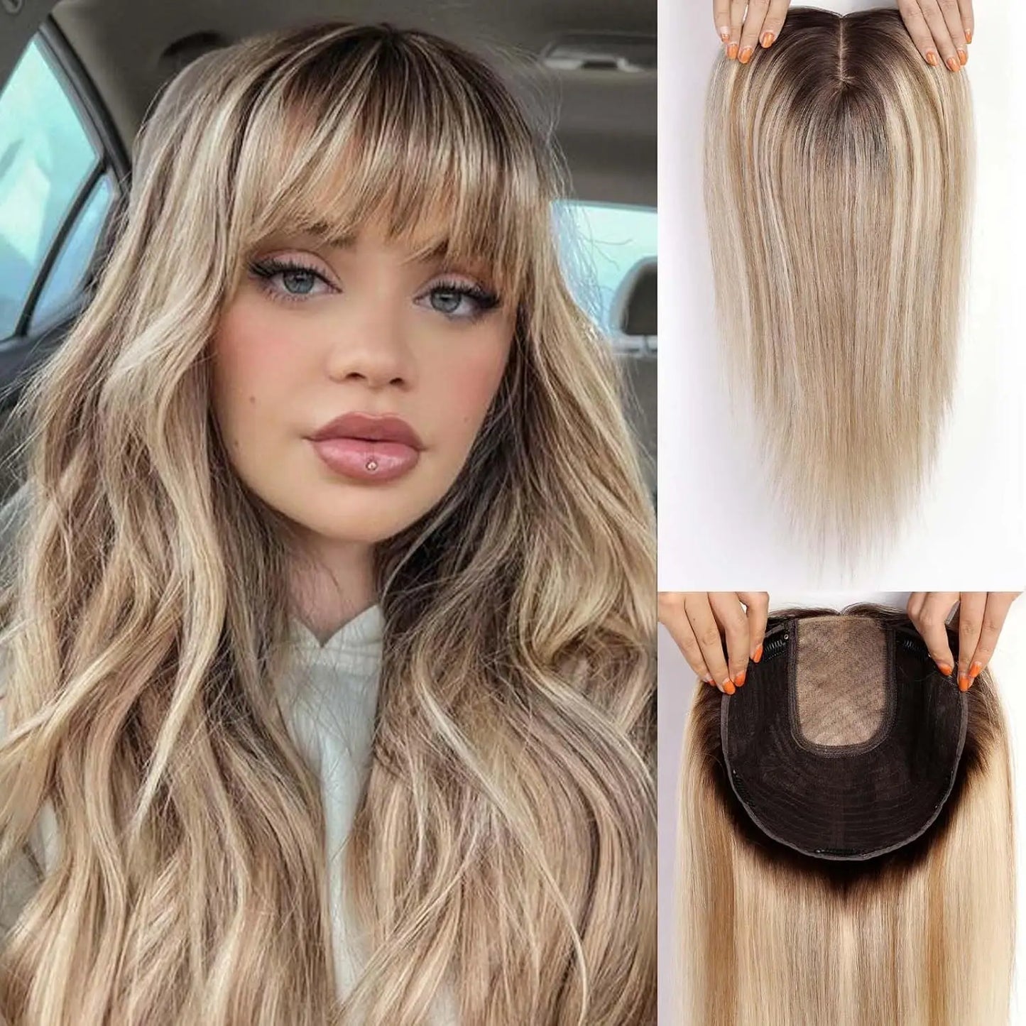 9x9inch Large Base Hair Pieces Dark Brown Human Hair Toppers 16 inch Toppers for Women with Multiple Non-slip Clips