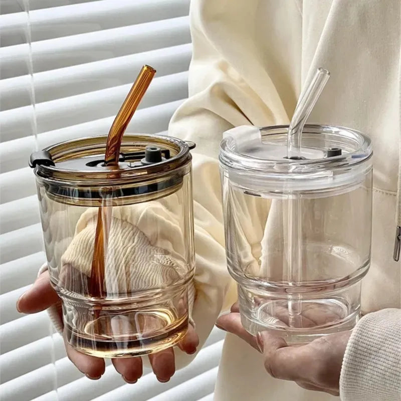 Transparent 400/450ml glass coffee cup / mug with lid and straw