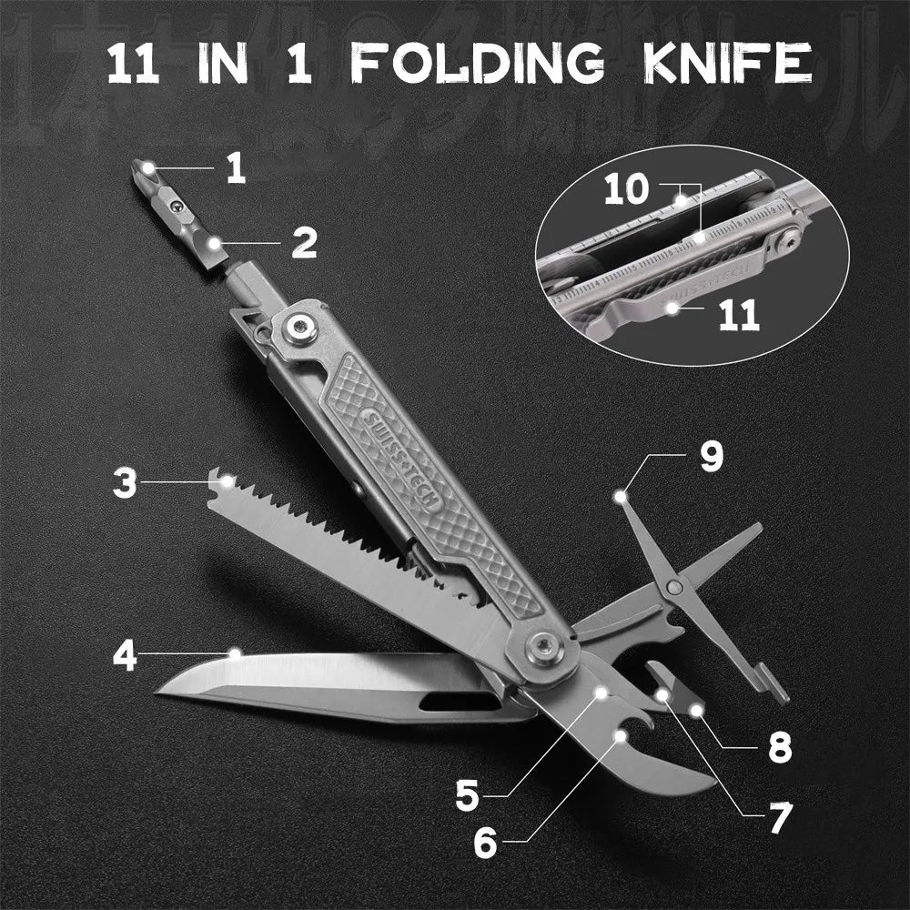 Swiss Tech 11-in-1 Multitool Portable Folding Knife, Saw, Scissors and Bottle Opener