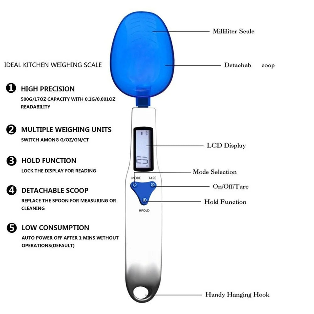 500g 0.1g Digital Scale LCD Display Kitchen Spoon Scale Electronic Measuring Spoon Scales with 3 Detachable Weighing Spoon