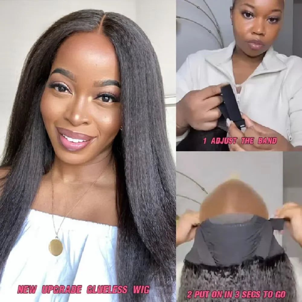 Kinky Straight Glueless Wigs For Women Ready To Wear And Go 180 Density 4x4 Lace Closure Wig Pre Cut Lace Human Hair Wig Natural