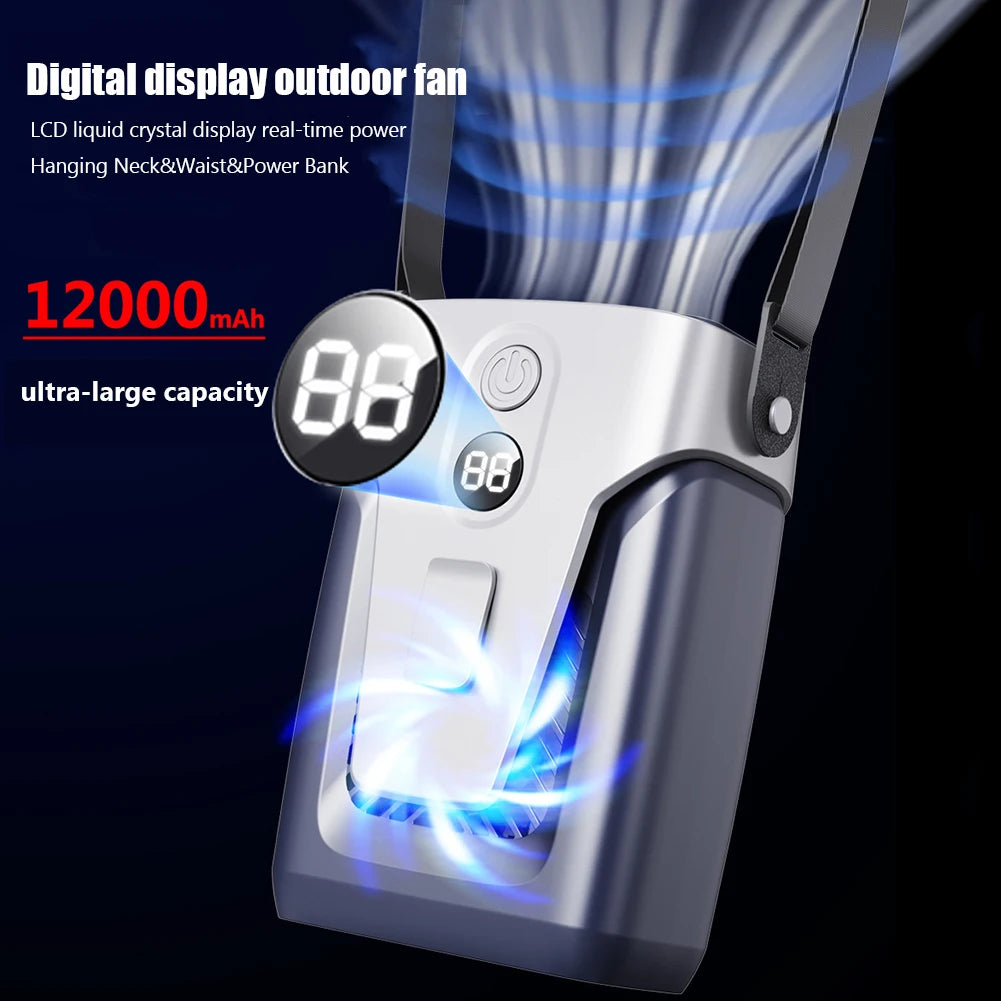 12000mAh Portable Waist Fan USB Rechargeable Air Conditioner Bladeless Mute Hanging Neck Fan for Outdoor Sports