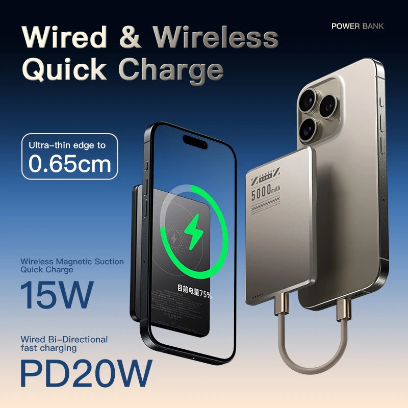 Portable Travel Ultra Thin Alloy Magnetic Power Bank with Qi Wireless Charging for iPhone - External Auxiliary Battery Macsafe Powerbank