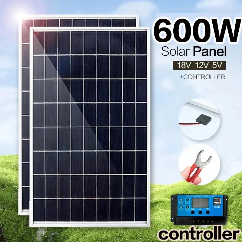 12V Solar Panel Kit Complete 600W Capacity Polycrystalline USB Power Portable Outdoor Rechargeable Solar Cell Generator for Home