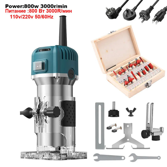 800w 30000rpm Wood Router Kit，6 Speed Electric Trimmer Woodworking Tool Power Carpentry Manual Trimmer Tools With Milling Cutter