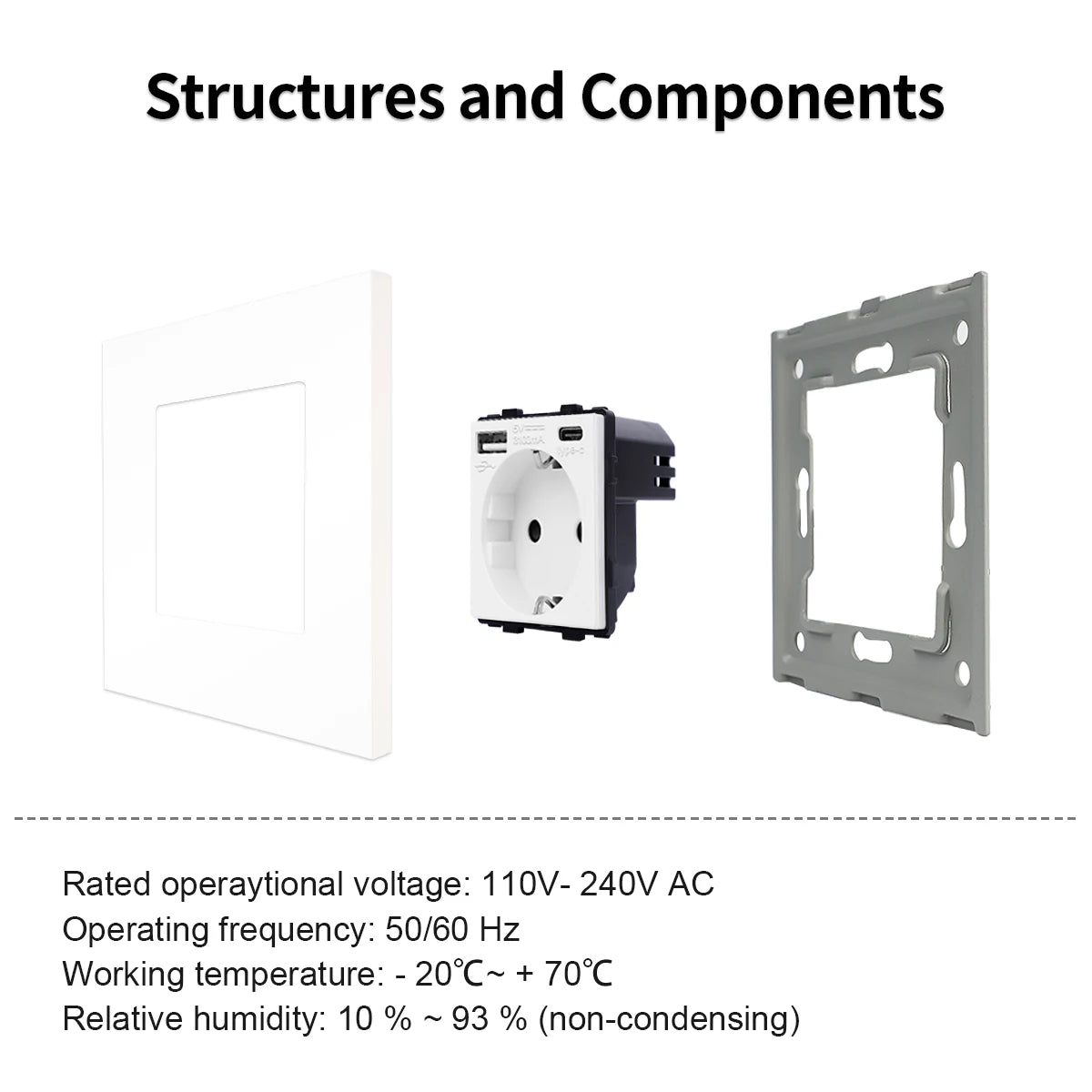 EU Wall Socket Light Push Switch Double Electric Sockets with USB Type-c Ports Power Outlets Plastic Frame Mechanical Switches