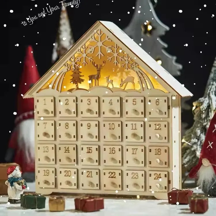 Wooden Christmas Advent Calendar – 24 Drawer Village House with LED Lights, Refillable DIY Countdown Box, Festive Holiday Decoration
