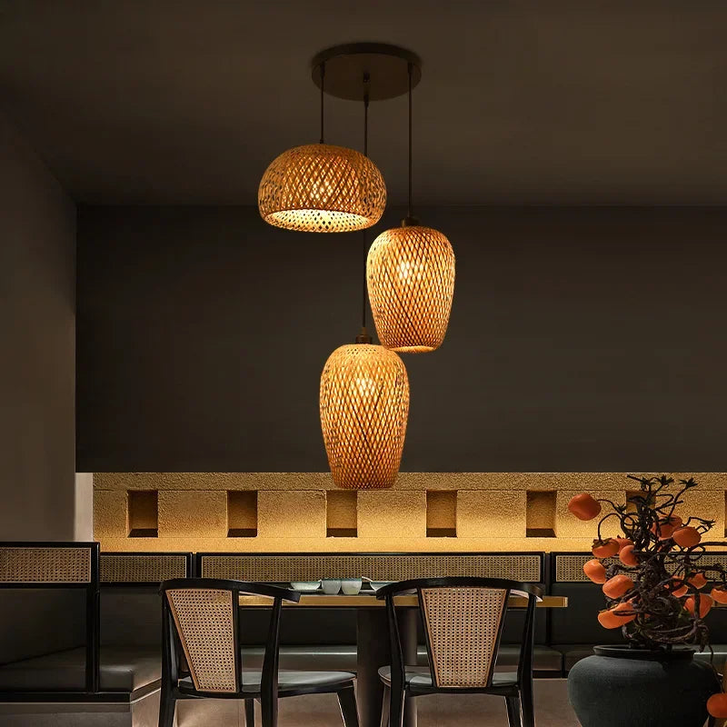 Classic Bamboo Wood Pendant Lamp Set