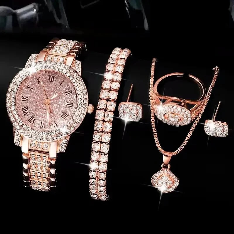 6 Pack Women's Watches Luxury Elegant Alloy Watches Women Crystal Watch Gift Quartz Watch Alloy Rhinestone Bracelet Montre