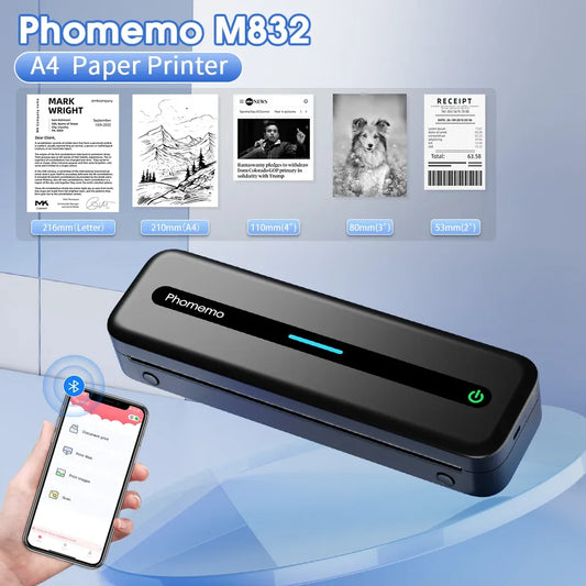 Inkless Printer M832 Portable Printer Wireless Bluetooth Thermal Printer Support Letter A4 5-Size Thermal Paper Mobile Printer