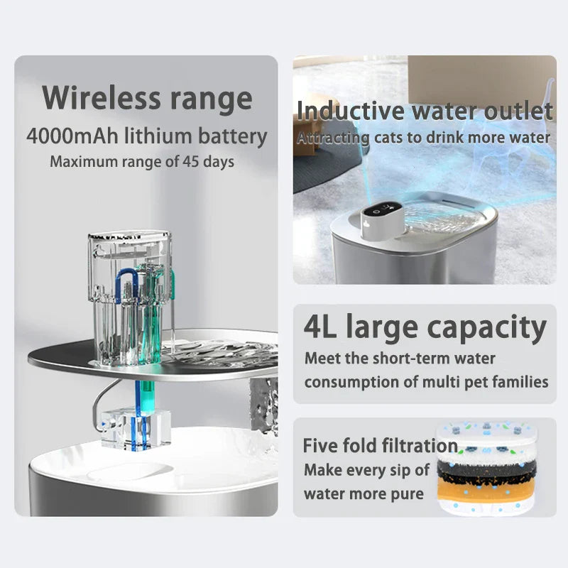 Wireless Pet Water Fountain – 4L Stainless Steel, Battery‑Operated with Sensor Modes