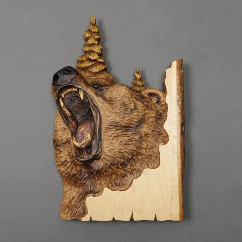 Animal Carving Handcraft Wall Hanging Sculpture Wood Raccoon Bear Deer Hand Painted Decoration for Home Living Room