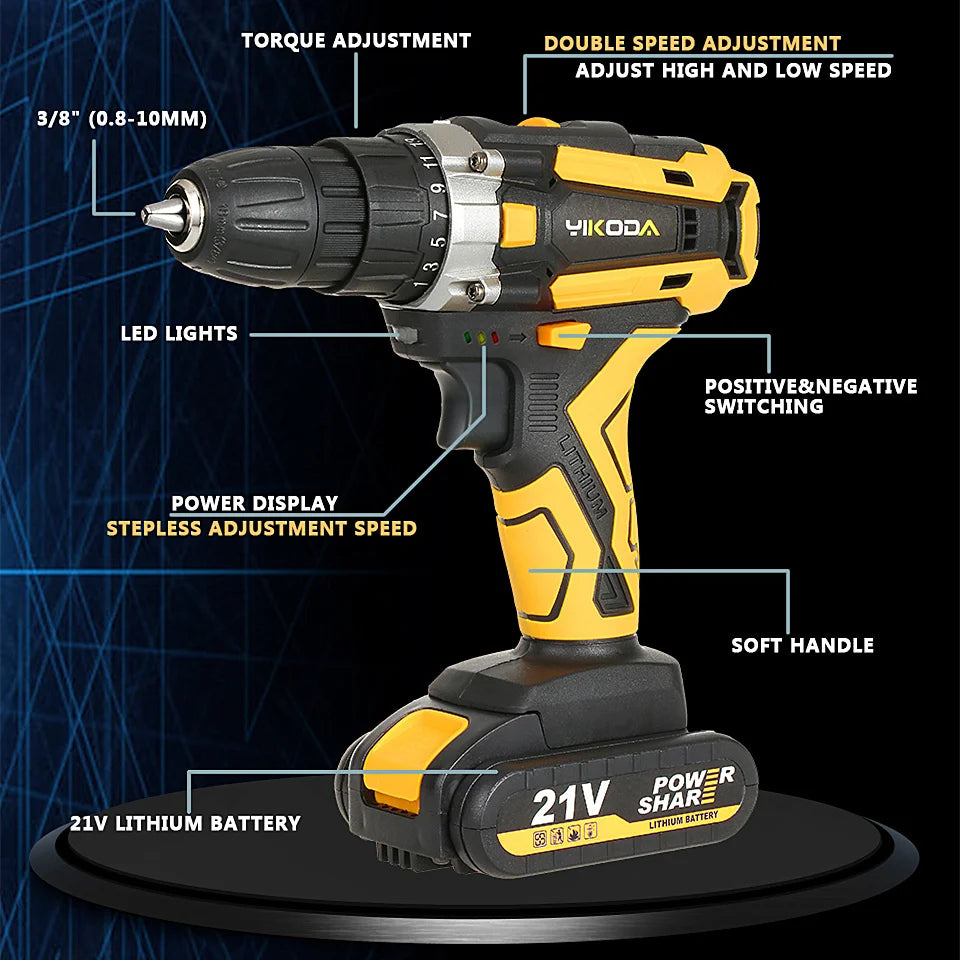 YIKODA 12/16.8/21V Electric Screwdriver Cordless Drill