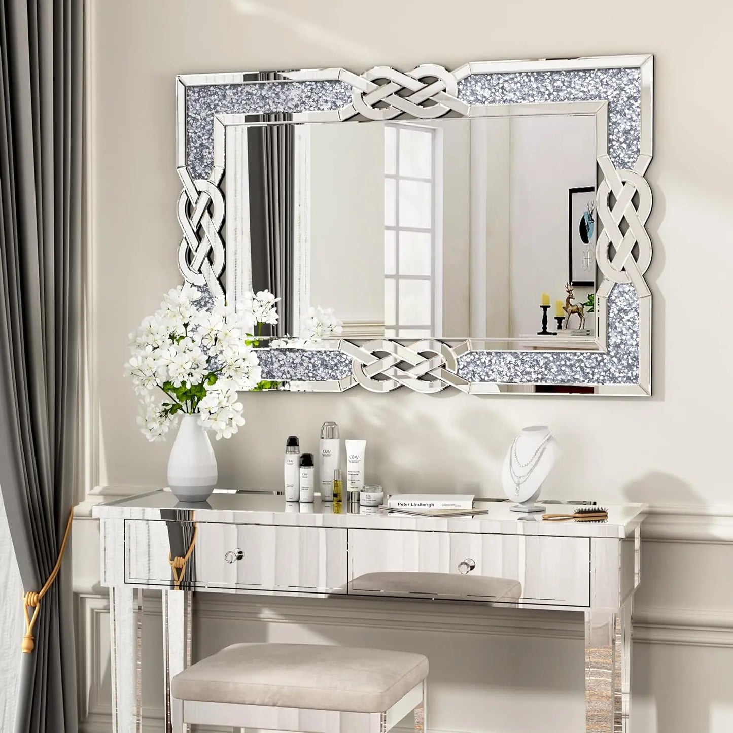 Crystal Crush Diamond Wall Mirror – Silver Rectangular Vanity Decor (90–120cm)